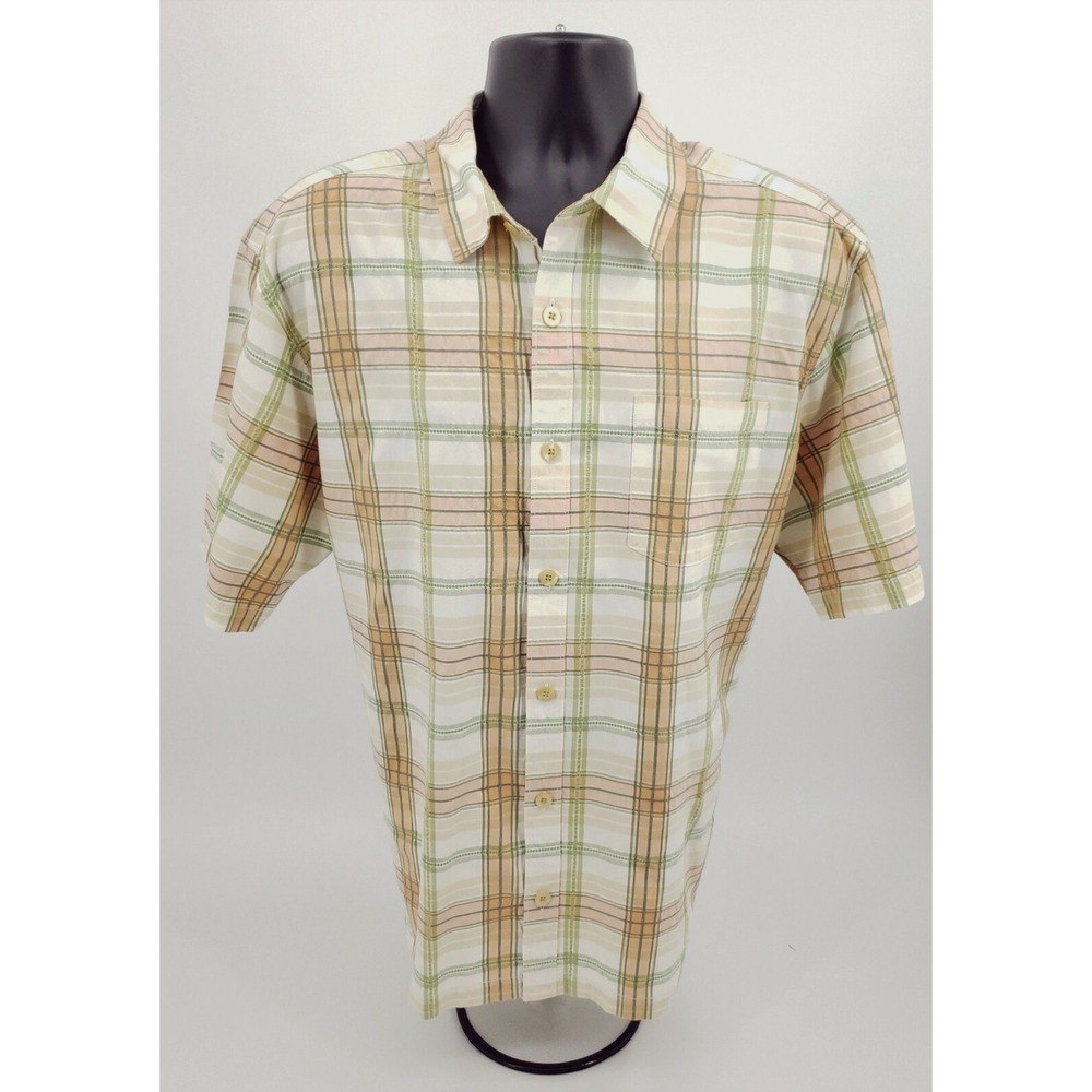 Tommy‎ Bahama Linen Cotton Silk Camp Shirt Plaid Peach Tan Green Men's Large L